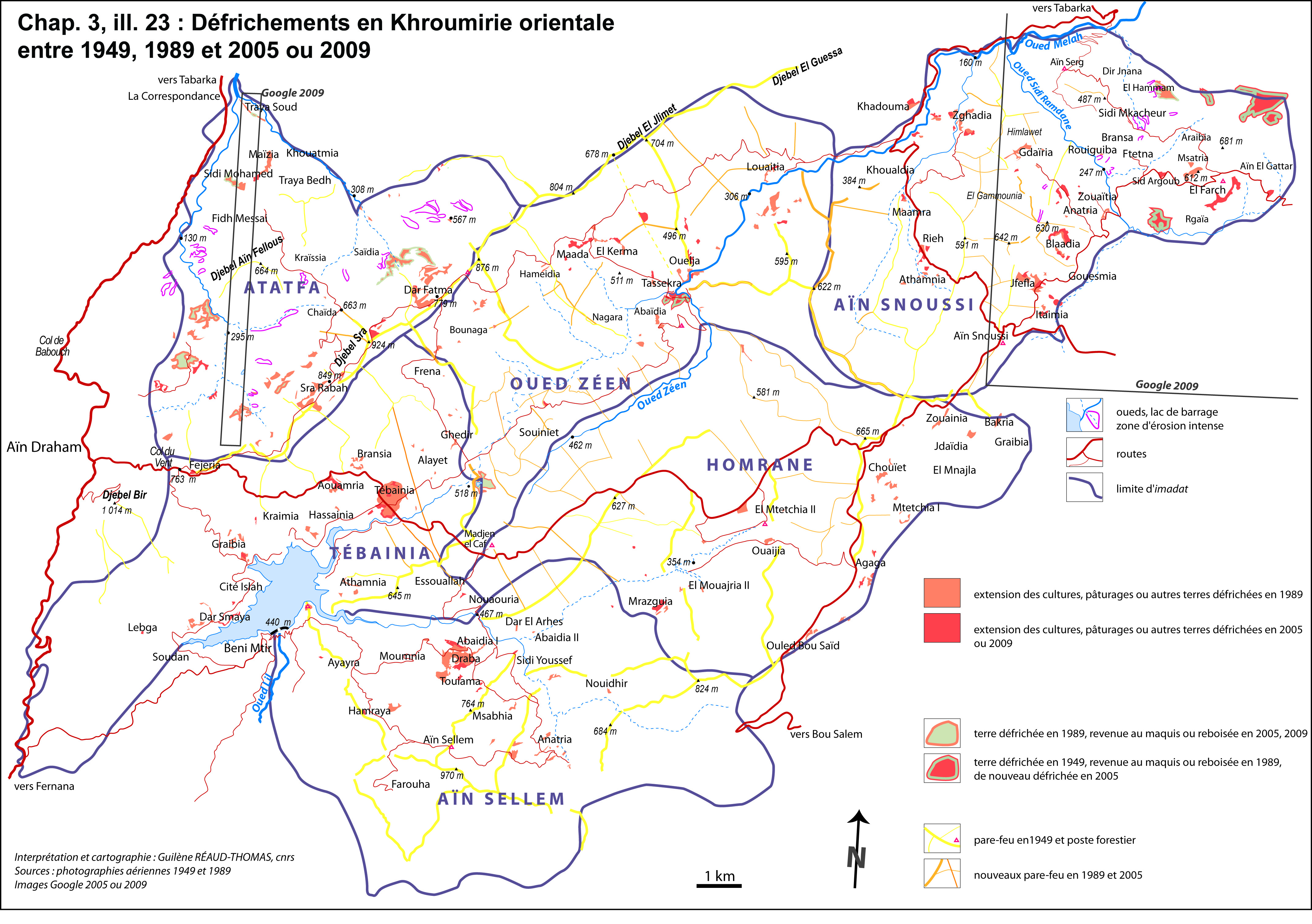 Illustration 23 : Défrichements en Khroumirie orientale entre 1949, 1989 et 2005 ou 2009